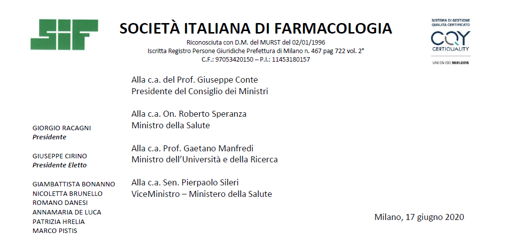 Comunicato congiunto SIF (Società Italiana di Farmacologia)